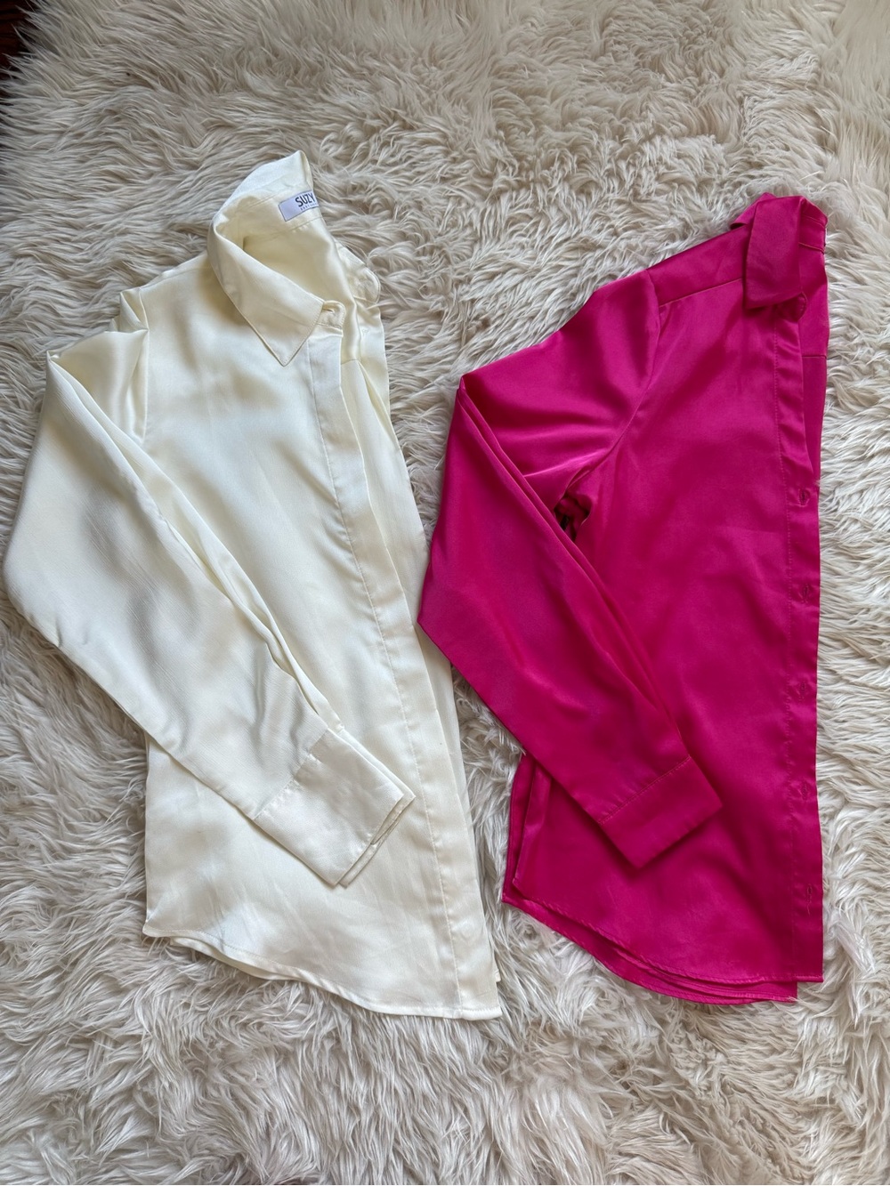 Silky Cream Button-Up Blouse & Fuchsia Satin Shirt